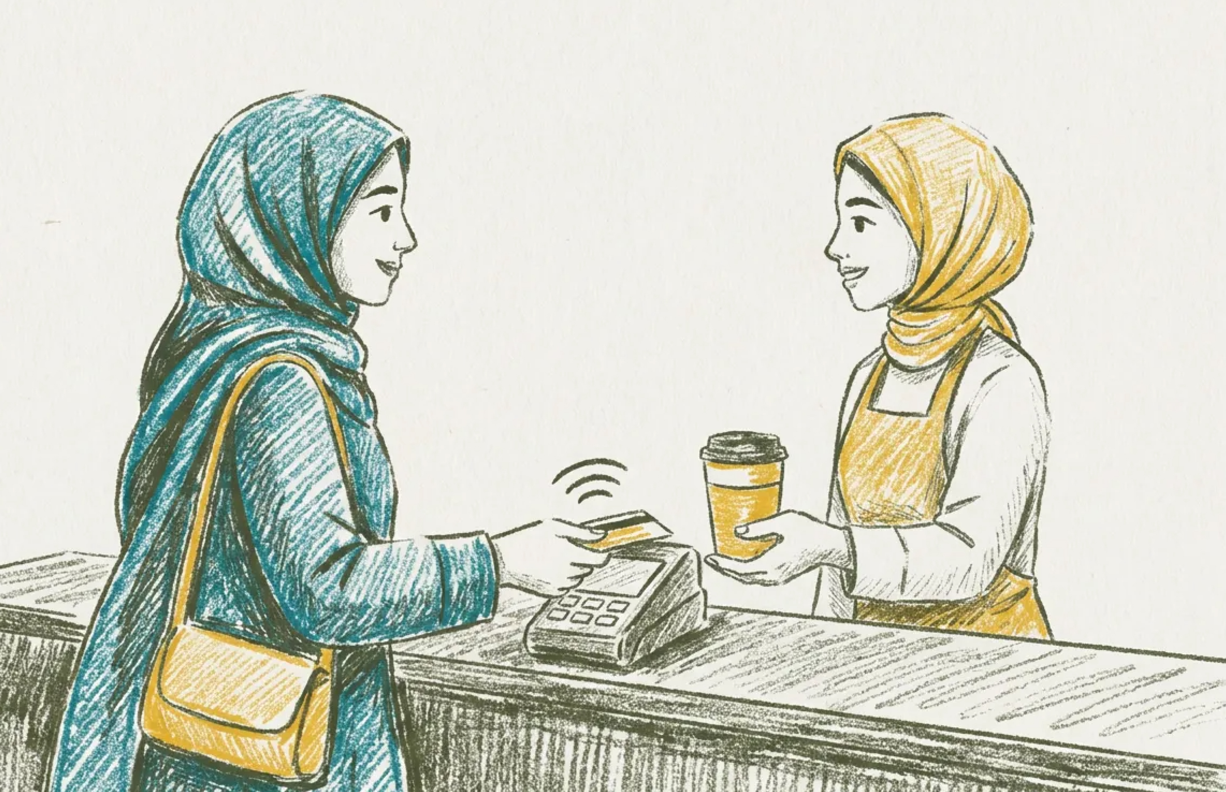 A customer in a teal hijab tapping a card at a café counter while a barista in a gold hijab serves her a takeaway drink